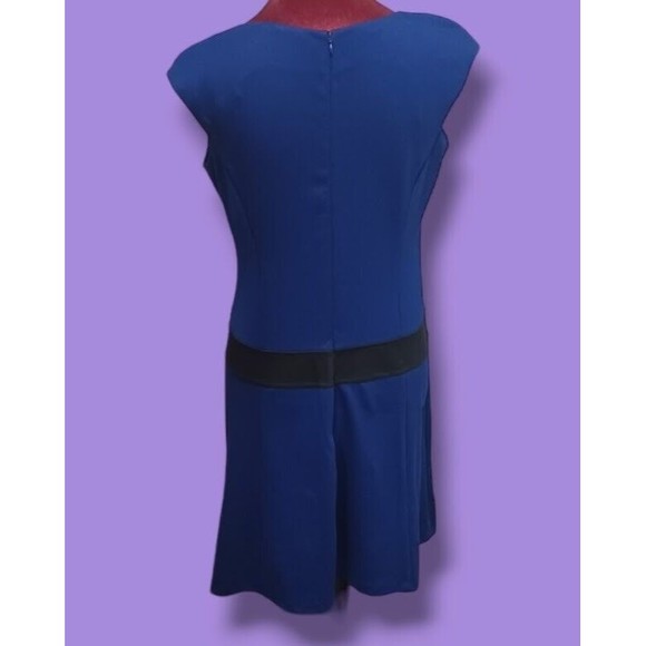 Maggy London Cap Sleeve Womens Size 10 Blue Midi Dress Built-In Black Belt NEW - Picture 4 of 10